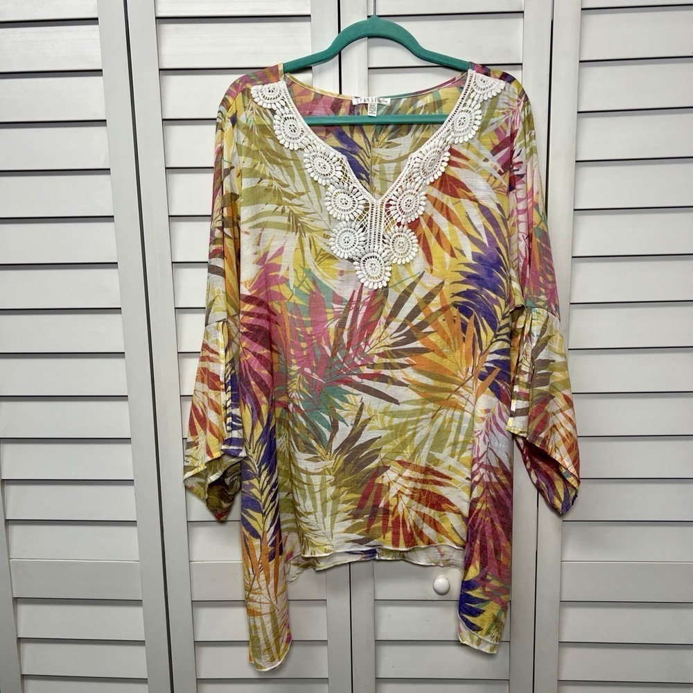 Spense Tropical Print Split Flare Sleeve V-Neck Asymmetrical Top Women's Size 1X